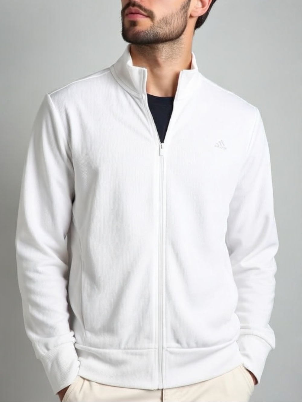 NEW adidas logo White Full-Zip Golf Jacket w small silver adidas logo
